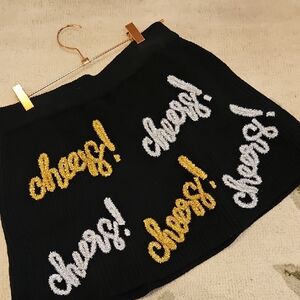 QUEEN OF SPARKLES Black Skirt with Gold and White Cheers Embroidery